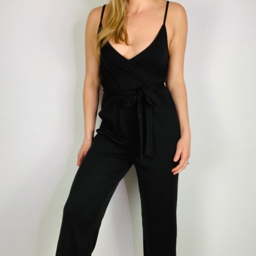 Velvet Torch Black Ribbed Surplice Tank Wide Leg Belted Jumpsuit